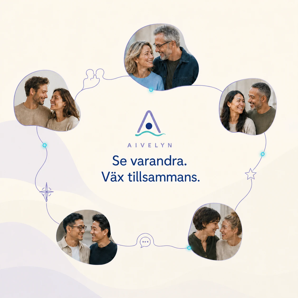 Par som ser på varandra, kopplade av organiska våglinjer – Se varandra. Väx tillsammans.