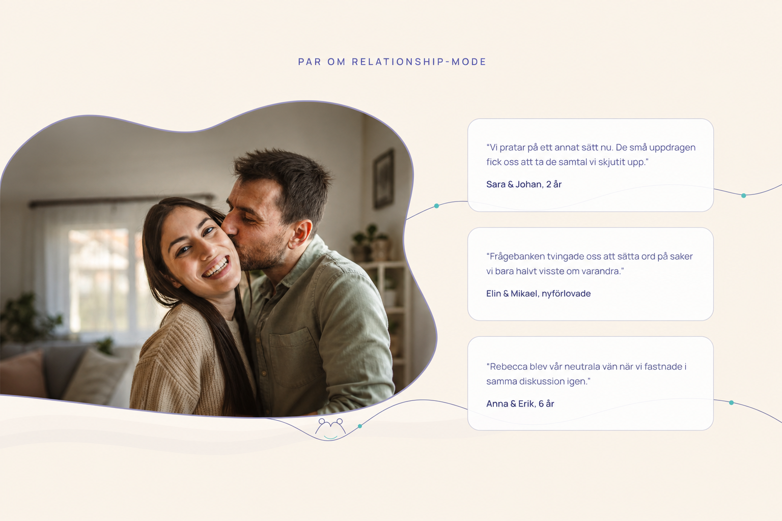 Par som promenerar genom staden, sedda bakifrån Par om Relationship-mode: ”Vi pratar på ett annat sätt nu. De små uppdragen fick oss att ta de samtal vi skjutit upp.” — Sara & Johan, 2 år. ”Frågebanken tvingade oss att sätta ord på saker vi bara halvt visste om varandra.” — Elin & Mikael, nyförlovade. ”Rebecca blev vår neutrala vän när vi fastnade i samma diskussion igen.” — Anna & Erik, 6 år