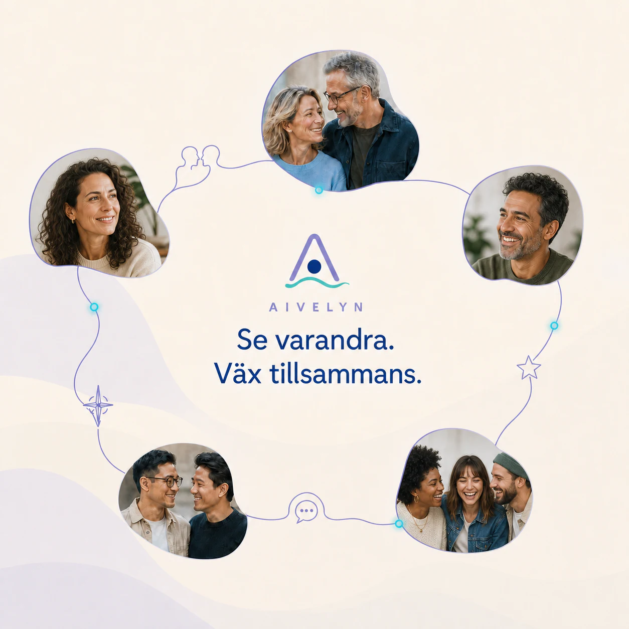 Nätverk av människor sammanlänkade av Aivelyns vågformade AI-linjer – Se varandra. Väx tillsammans.