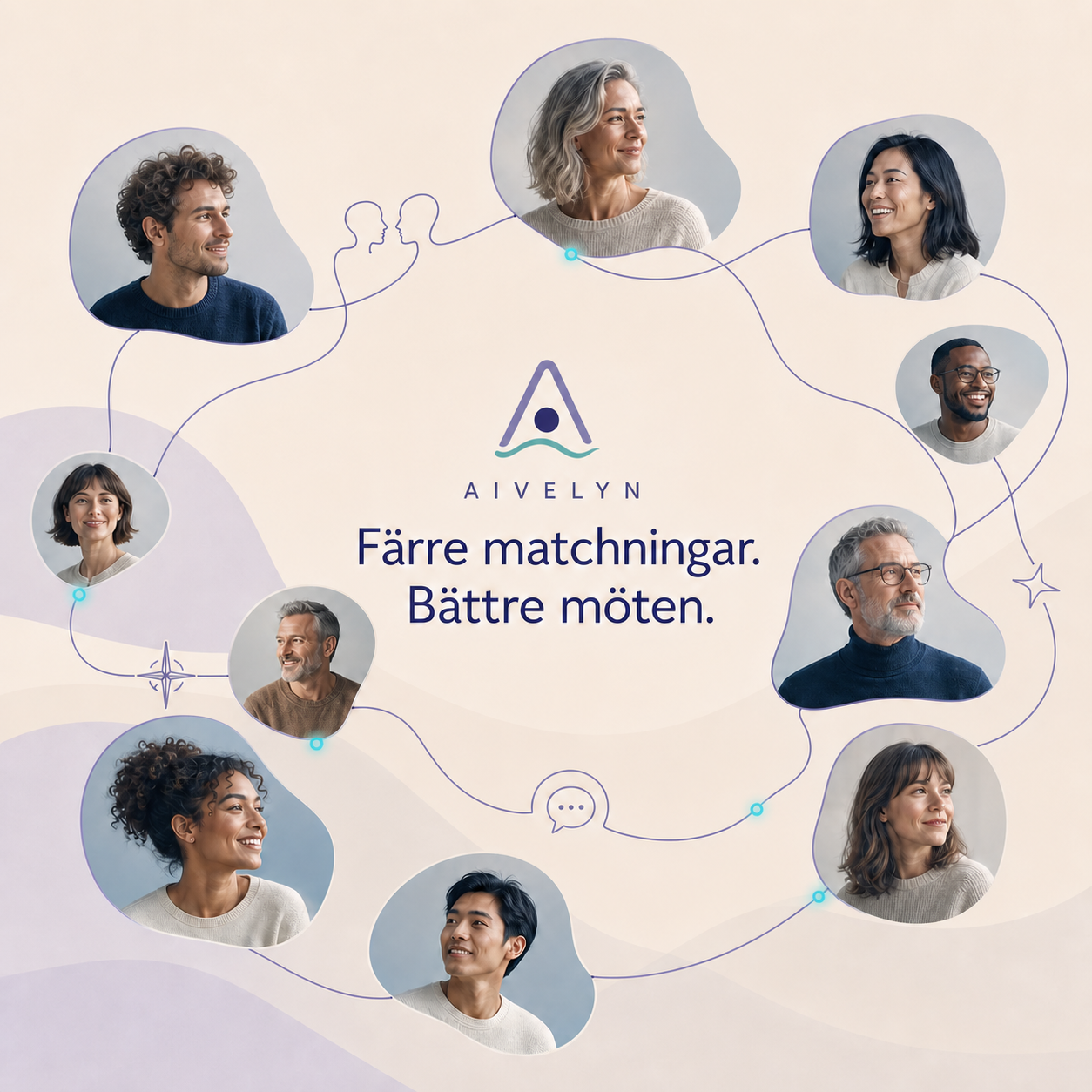 Singlar i Aivelyns nätverk kopplade av organiska våglinjer – Färre matchningar. Bättre möten.