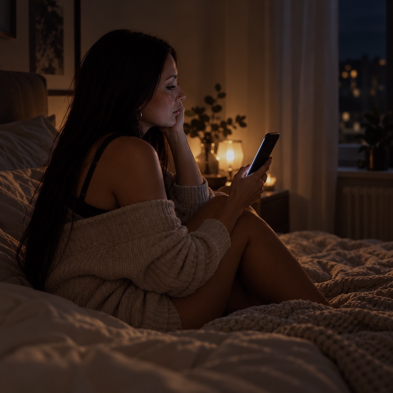 En kvinna sitter på sängen och tittar på sin mobil i kvällsljus