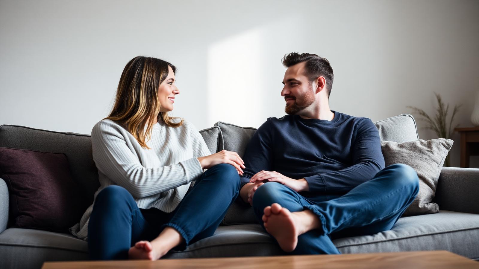 Par som sitter i soffan hemma och samtalar